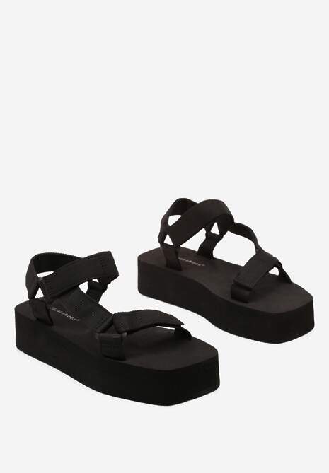Czarne Sportowe Sandały Zapinane na Rzep z Piankową Platformą Terith