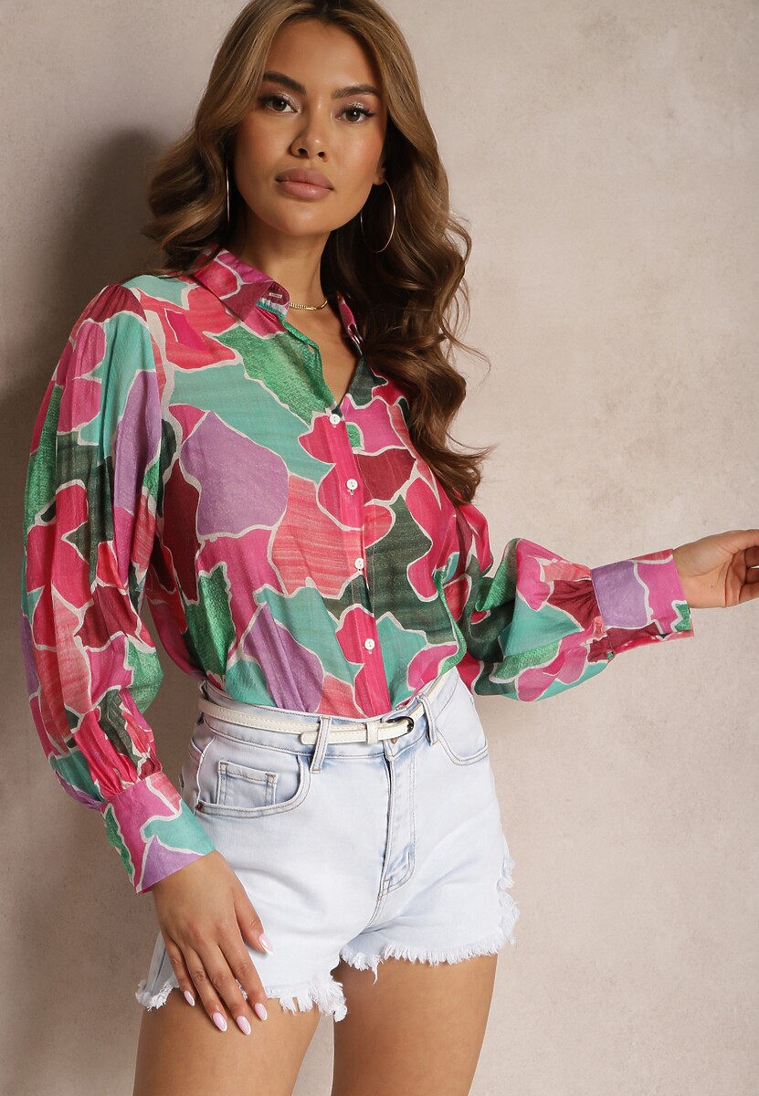 Pomarańczowo-Granatowa Koszula z Długim Rękawem i Szerokimi Mankietami Zapinana na Guziki Comenna