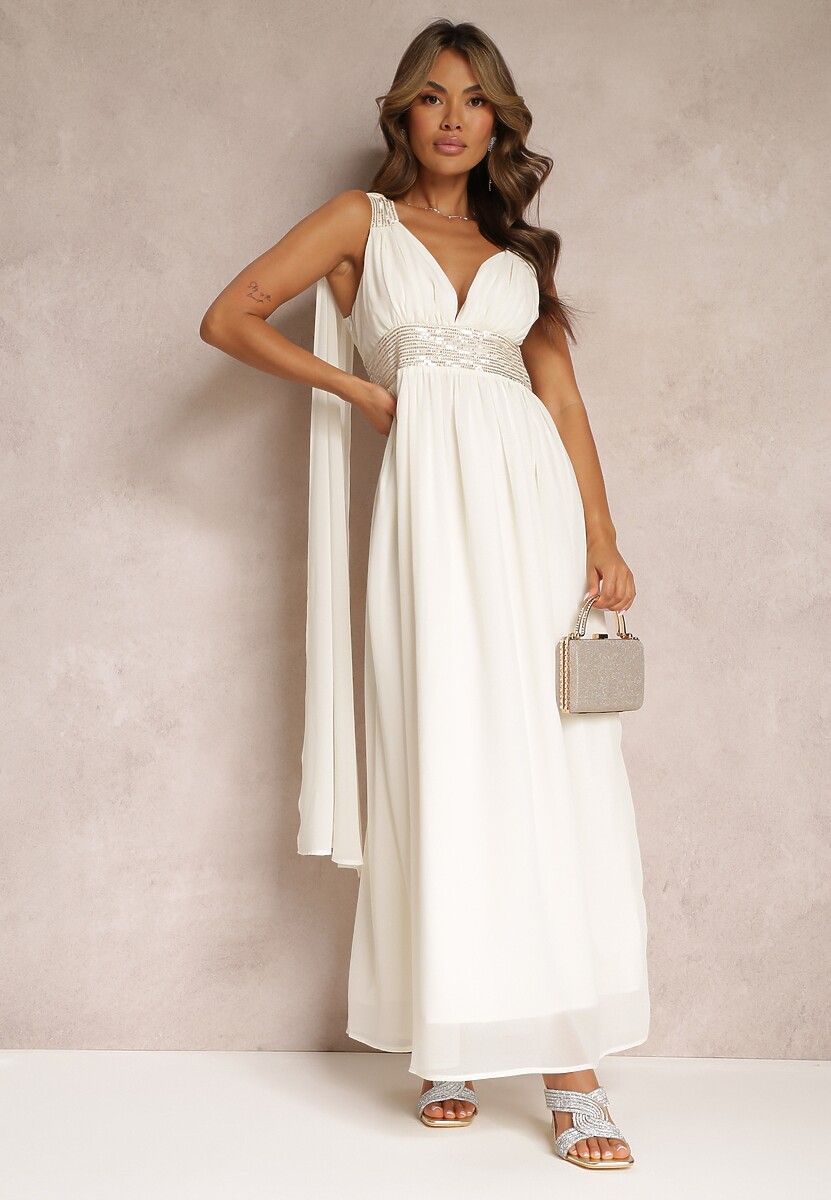 Beżowa Maxi Sukienka o Rozkloszowanym Fasonie Ozdobiona Cekinami na Szerokich Ramiączkach Nedilva