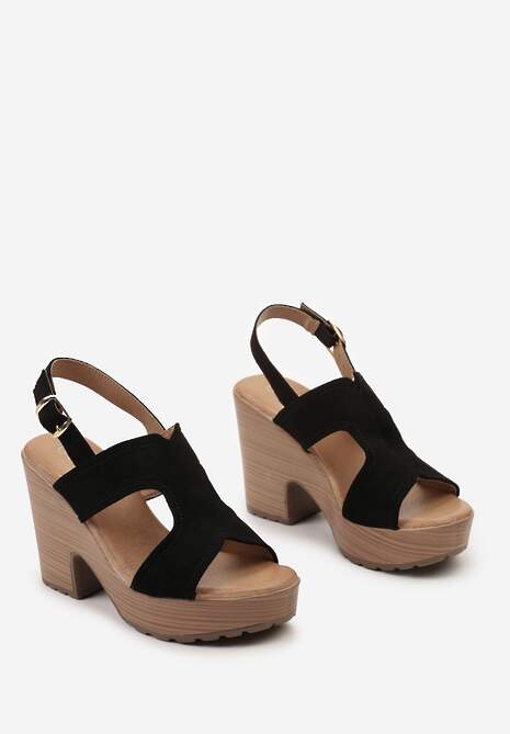 Czarne Sandały Typu Chodaki na Słupku i Platformie Zapinane przy Kostce Racia