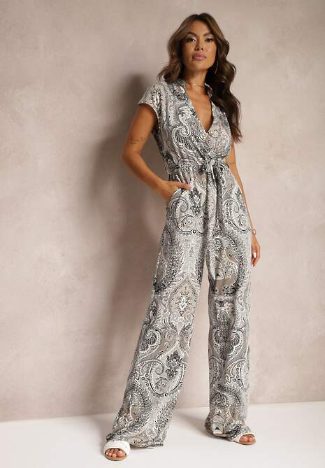 Szaro-Czarny Kombinezon z Zakładkowym Dekoltem z Gumką w Pasie i Paskiem z Szerokimi Nogawkami Ramorea