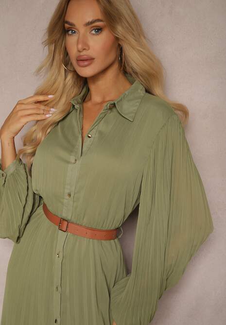 Zielona Koszulowa Sukienka z Plisami i Dodatkowym Paskiem Miarosea