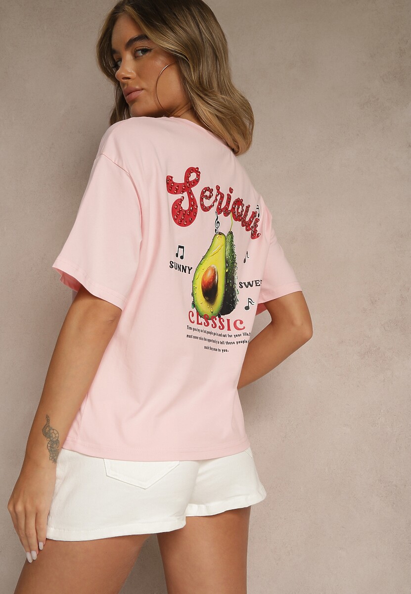 Różowy T-shirt z Bawełną ze Wzorem Awokado Tilannia