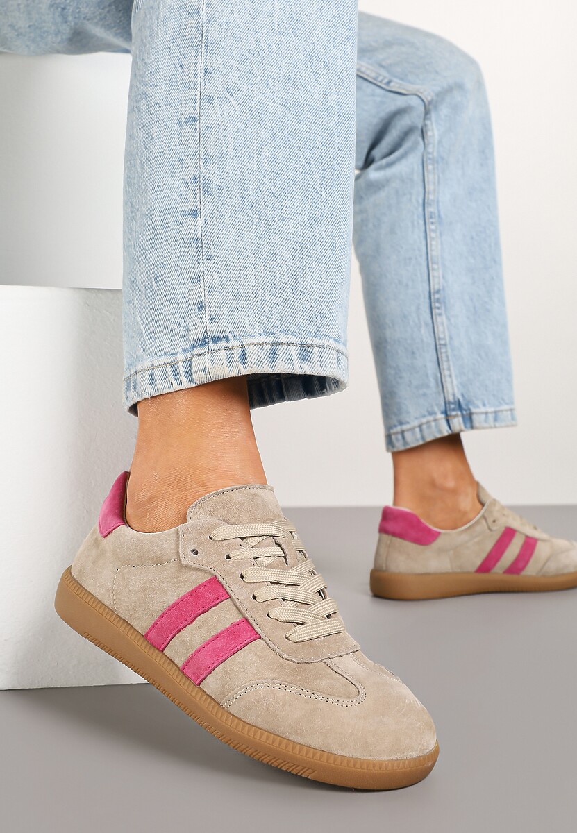 Beżowo-Różowe Płaskie Sneakersy z Wkładką ze Skóry Naturalnej Ozdobione Paskami Neladria
