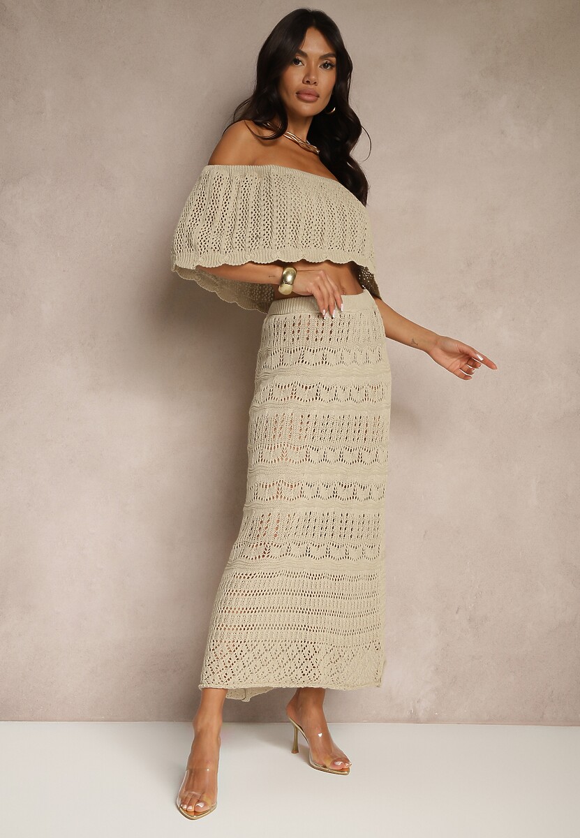 Jasnoniebieski Ażurowy Komplet z Bawełną Spódnica i Top z Hiszpańskim Dekoltem Folanea