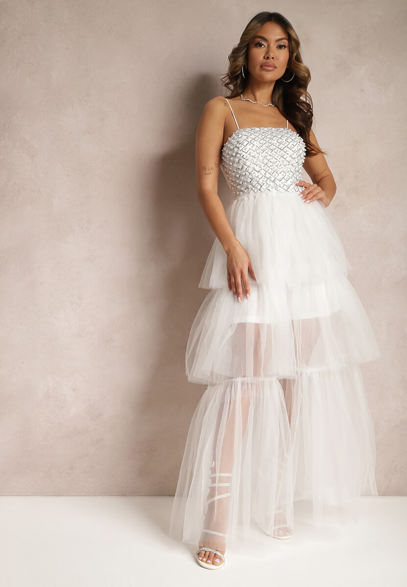 Biała Wieczorowa Sukienka Maxi Ozdobiona Cekinami i Falbankami z Tiulu Neptina