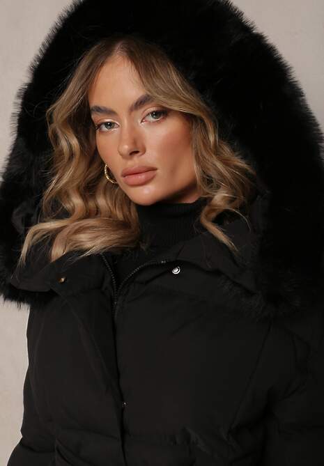 Czarna Wiązana Kurtka z Pikowaniem i Kapturem z Futerkiem Elinerra