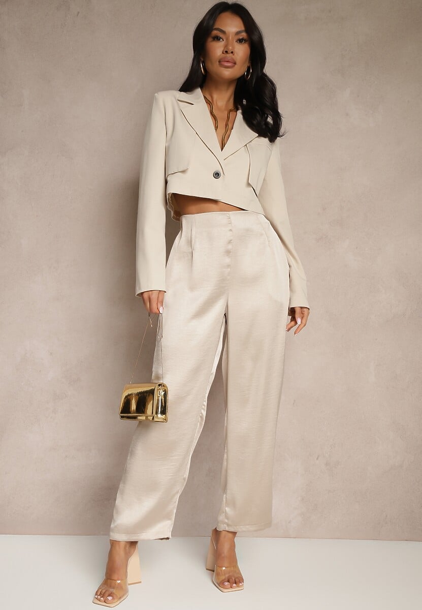 Beżowe Eleganckie Spodnie o Szerokim Kroju z Satynowym Połyskiem Lionea