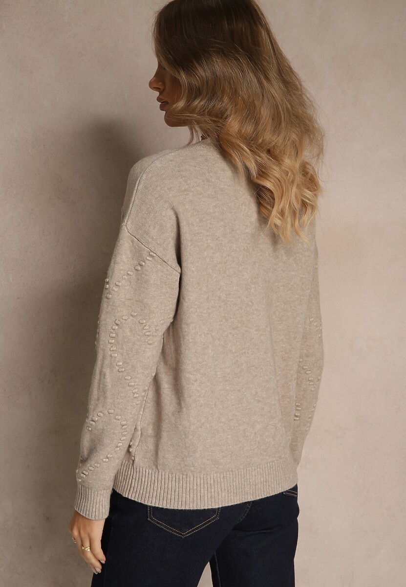 Beżowy Sweter z Tłoczonymi Sercami Unareia