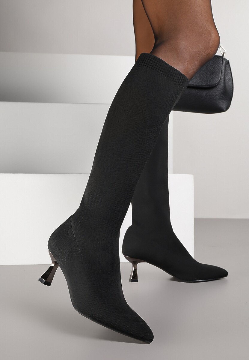 Czarne Kozaki Vices na Kaczuszce Ozdobione Skarpetową Cholewką Asonelle