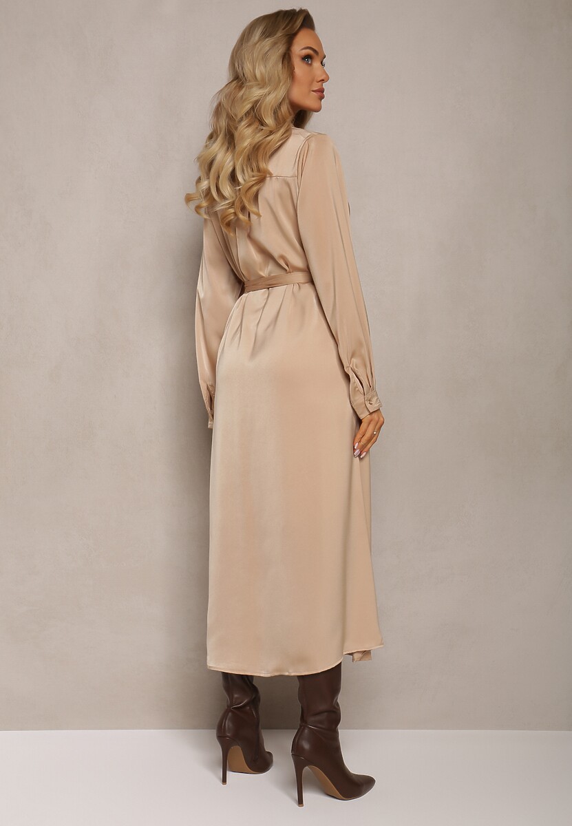 Beżowa Rozkloszowana Sukienka Koszulowa z Paskiem Physsa