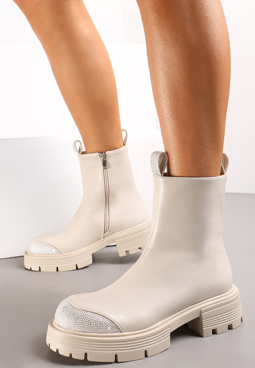 Beżowe Botki Wroekry na Grubej Podeszwie z Cyrkoniami i Paseczkiem Anical