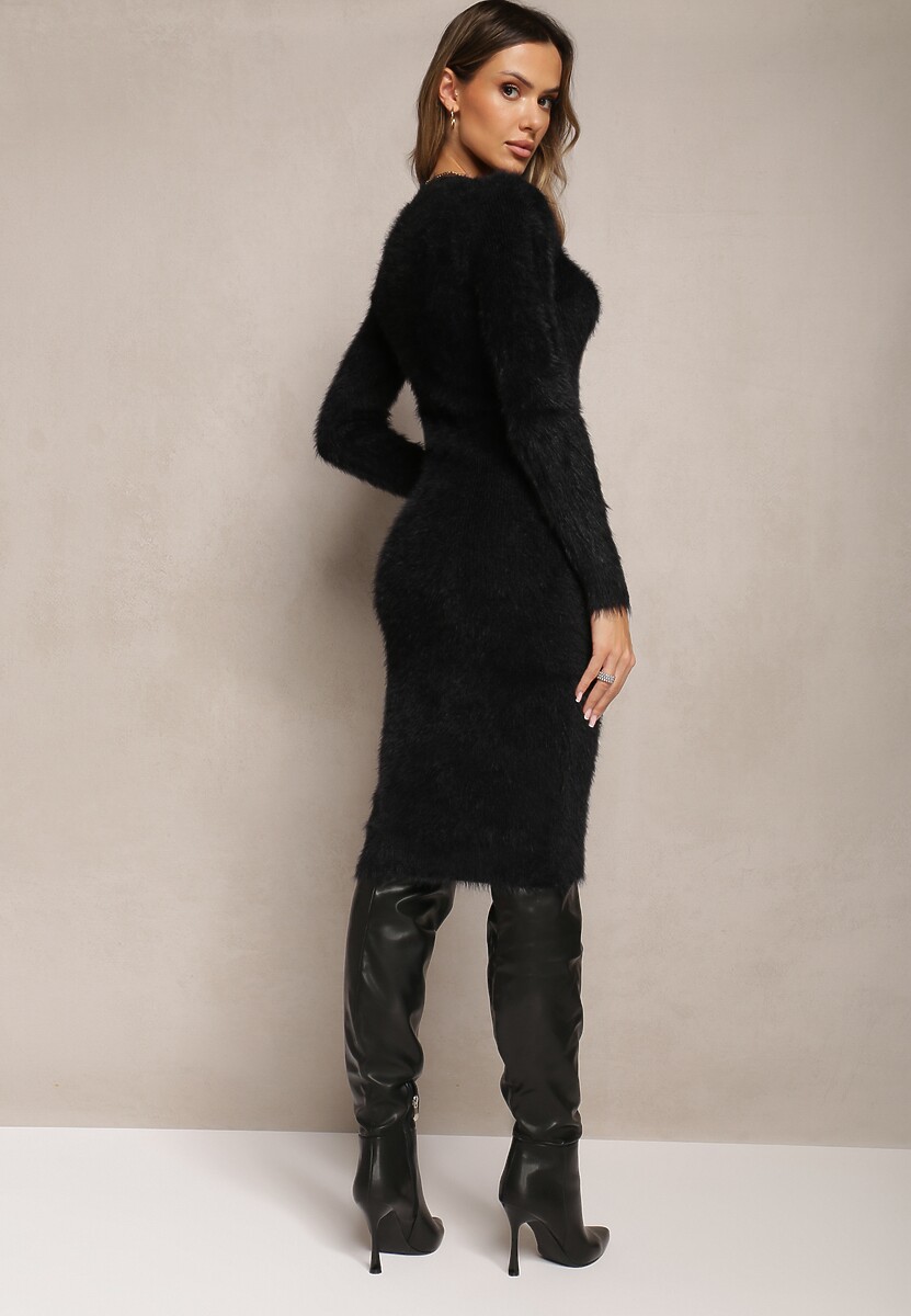 Czarna Sweterkowa Sukienka Midi Puchowa Dzianina z Wełną Breixate