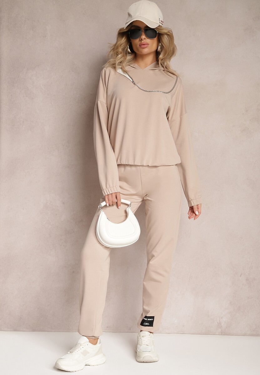 Beżowa Asymetryczna Bluza z Bawełny z Kapturem i Ozdobnym Suwakiem Lueur