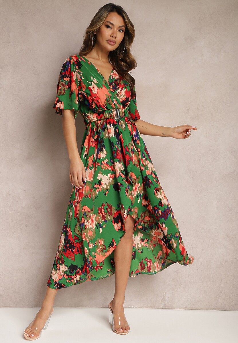 Zielono-Czerwona Asymetryczna Sukienka z Gumką w Pasie i Kopertowym Dekoltem Perlana