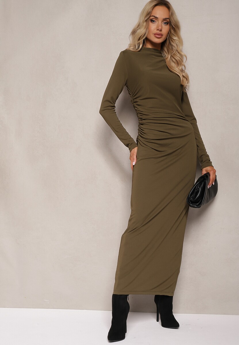 Ciemnozielona Sukienka o Dopasowanym Fasonie z Marszczeniem i Rozcięciem Galariel