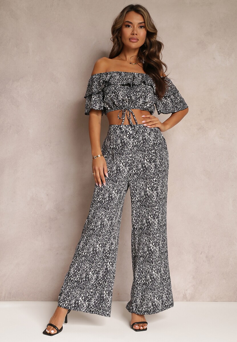Czarny 2-częściowy Komplet z Szerokimi Spodniami i Topem z Falbanką Ariettneh