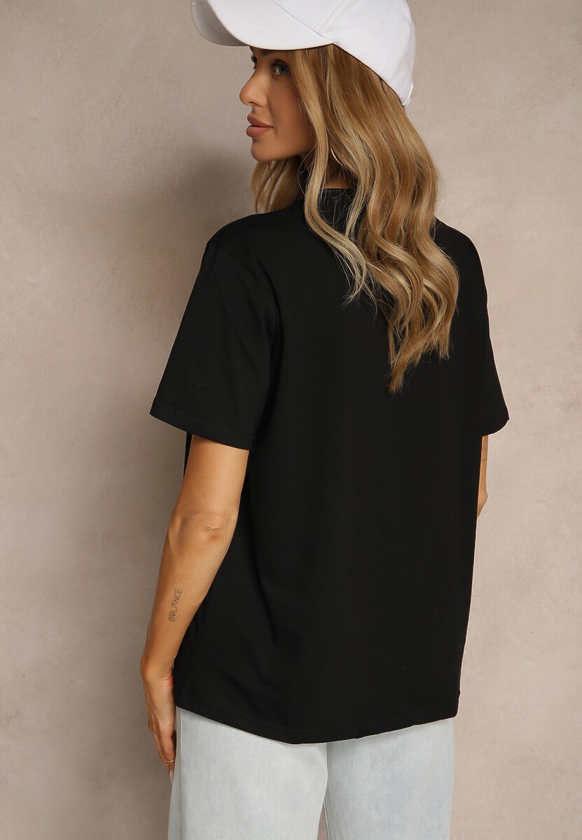 Czarny Bawełniany T-shirt Zdobiony Haftowanym Napisem z Cekinami Ulionis