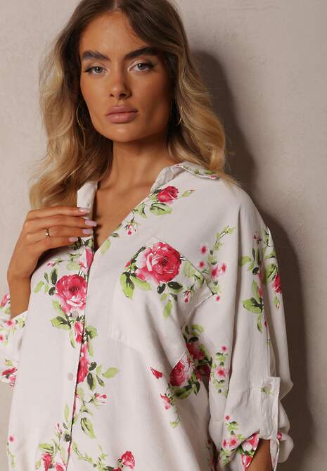 Biało-Różowa Wiskozowa Koszula Ściągana na Dole o Kwiatowym Wzorze Tinovis