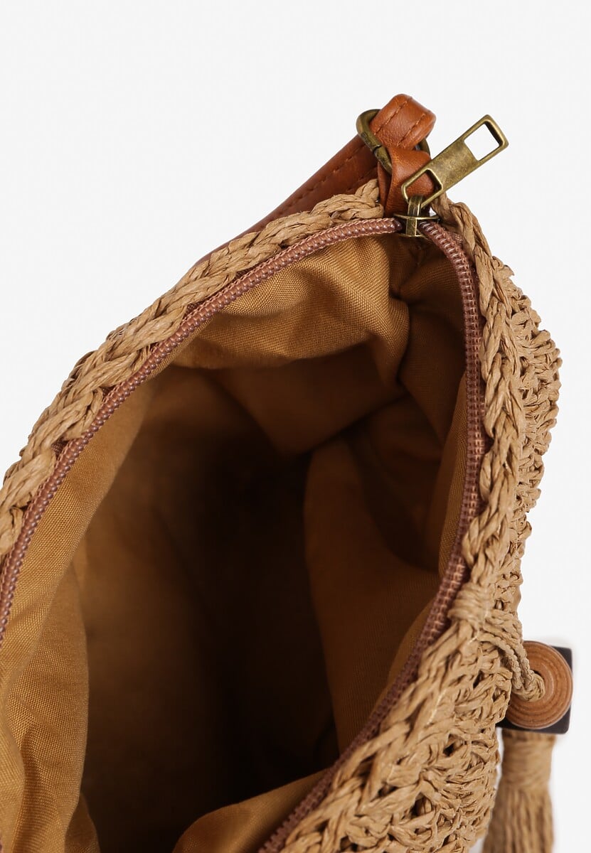 Ciemnobeżowa Pleciona Torebka z Frędzlami Tirauri