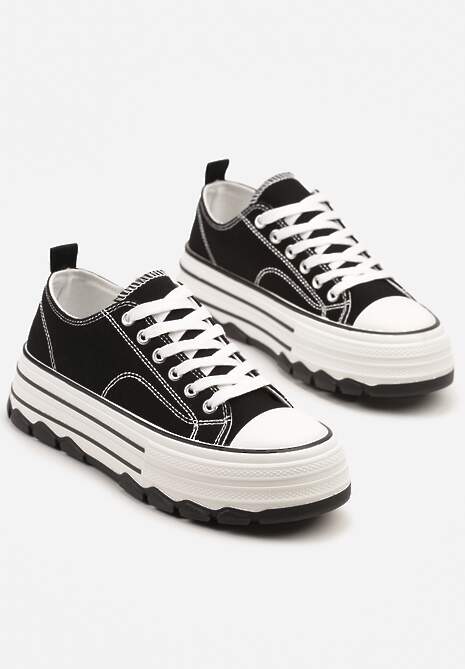 Czarne Trampki na Platformie z Paskami i Niską Cholewką Zienelle