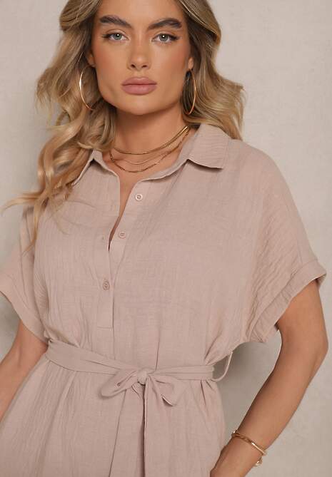 Ciemnobeżowa Wiskozowa Sukienka Koszulowa z Wiązanym Paskiem w Talii Vanisti