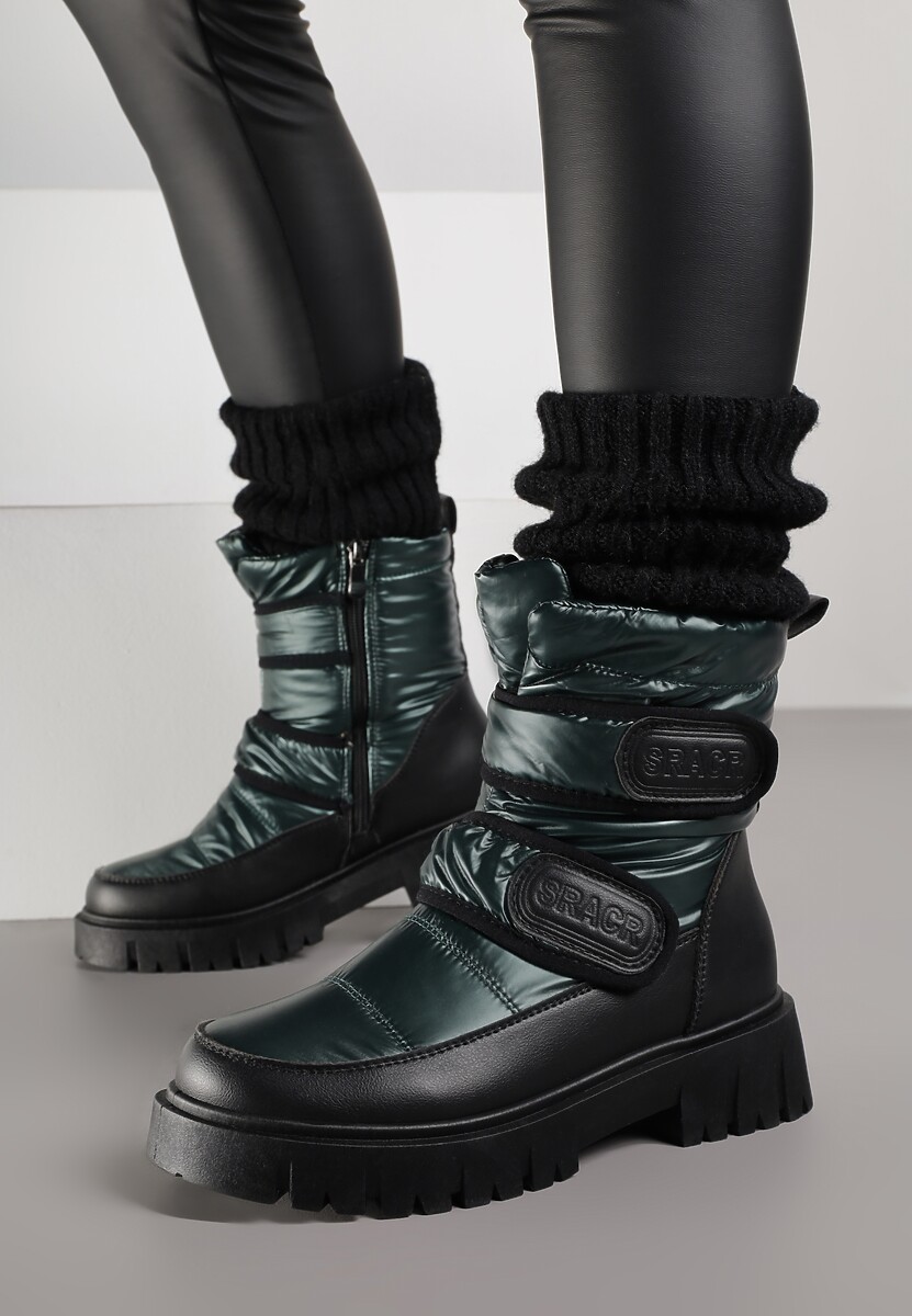 Ciemnozielone Śniegowce na Rzepy i Grubej Podeszwie Cashel