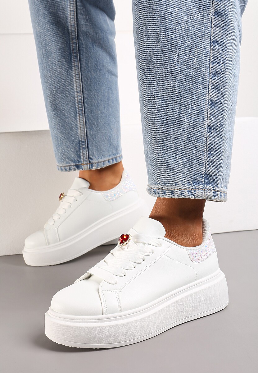 Białe Sneakersy z Brokatową Wstawką i Cyrkonią przy Sznurówkach Wineta