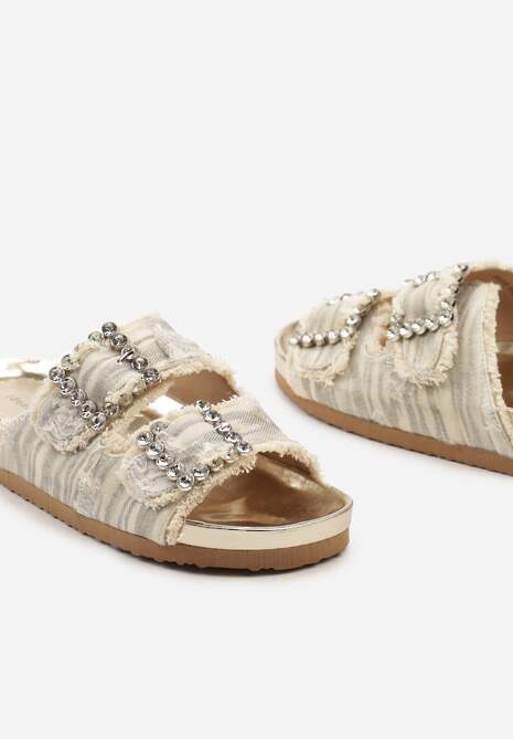 Beżowe Płaskie Klapki Ozdobione Cyrkoniami i Klamrami Tesabelle