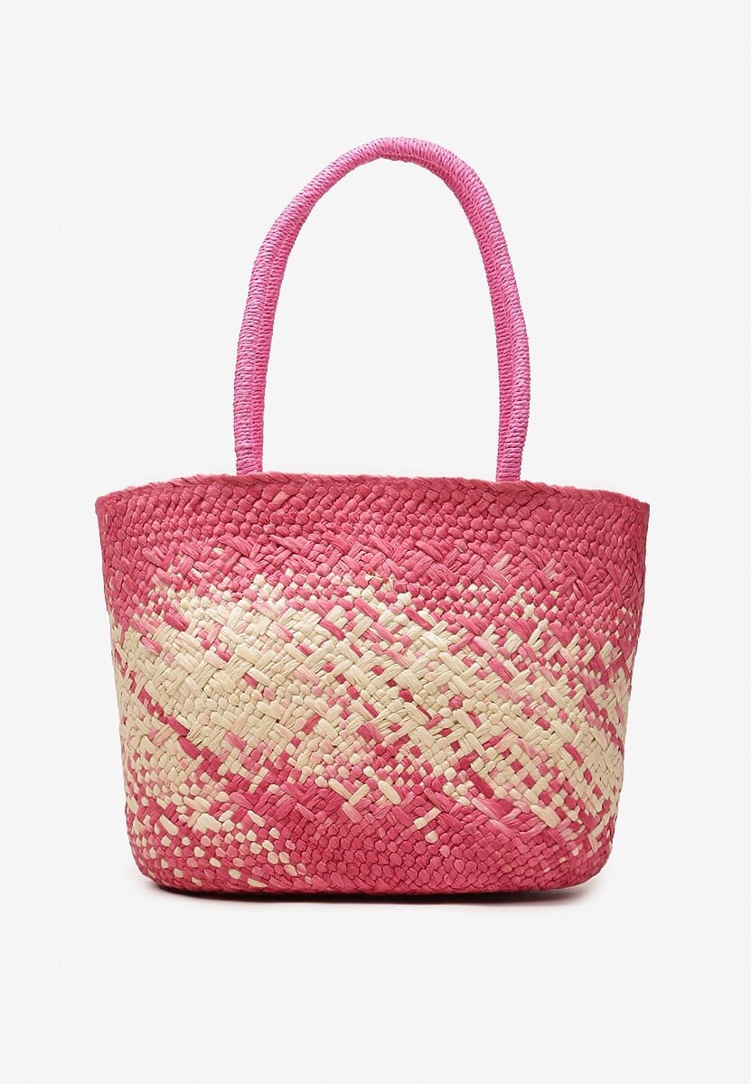 Fuksjowo-Beżowa Duża Torebka z Plecionki w Stylu Boho Zapinana na Zamek Błyskawiczny Noico