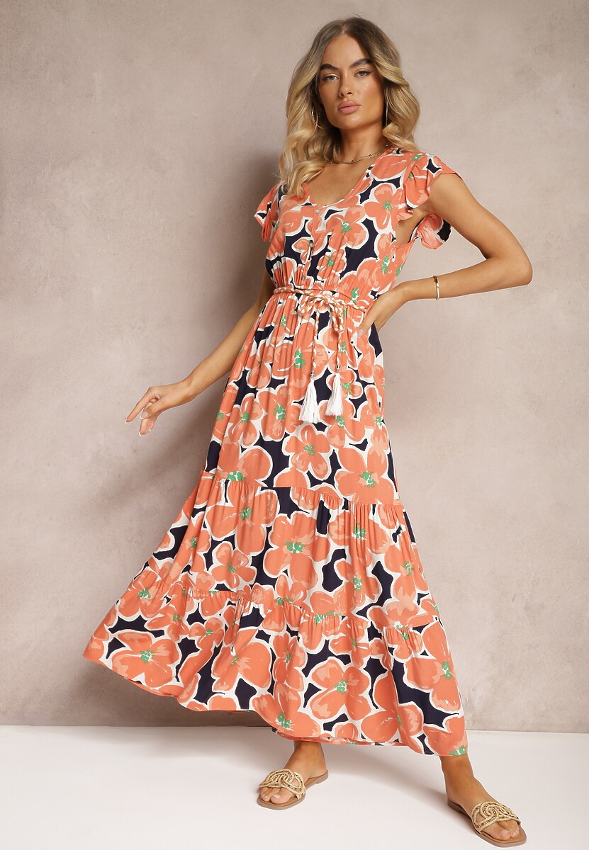Pomarańczowa Kwiecista Sukienka z Wiskozy z Gumką w Talii Wiązana Materiałowym Paskiem Vikennia