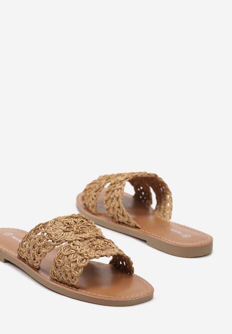 Brązowe Klapki na Płaskiej Podeszwie z Wyściółką z Ekoskóry i Paskiem z Plecionki Lulicella