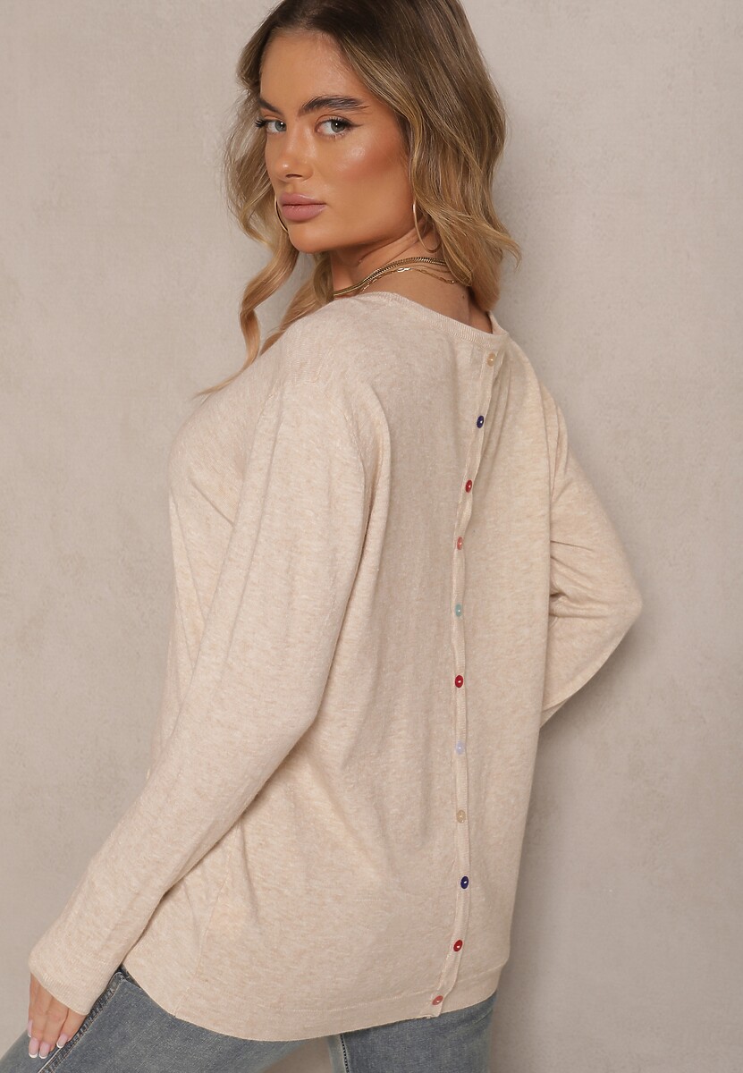 Beżowy Sweter z Kaszmirem Ozdobiony Kieszeniami Saniswena