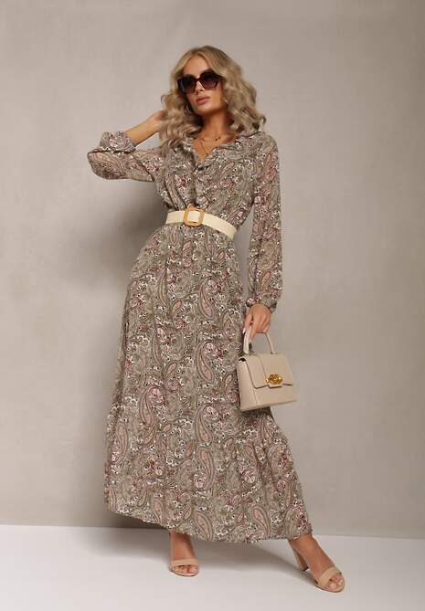 Jasnozielona Sukienka z Falbanką przy Dekolcie w Ornamentalny Wzór Mana