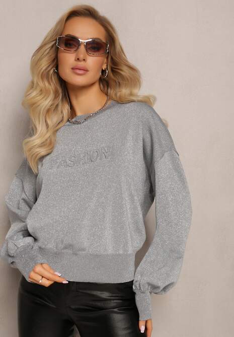 Szary Klasyczny Sweter z Metaliczną Nitką i Napisem Actylia