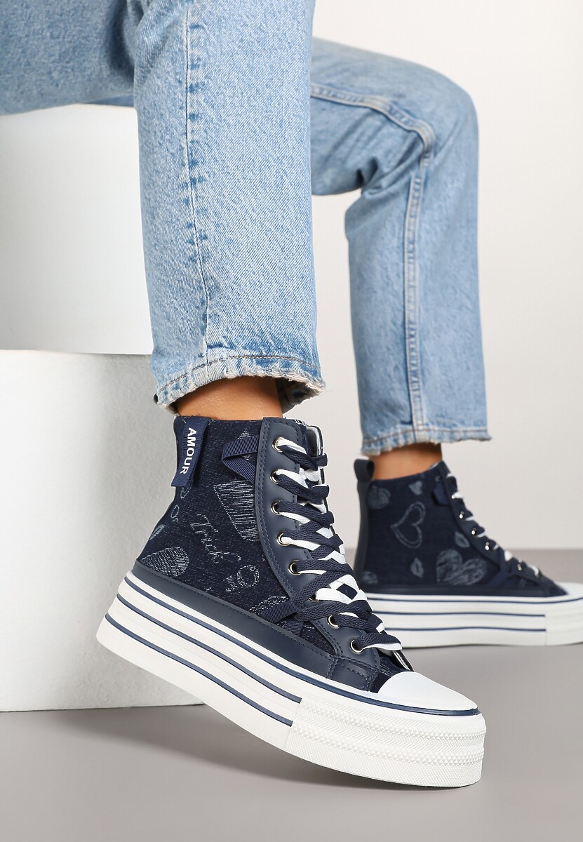 Granatowe Trampki Jeansowe z Serduszkami na Platformie Benirea