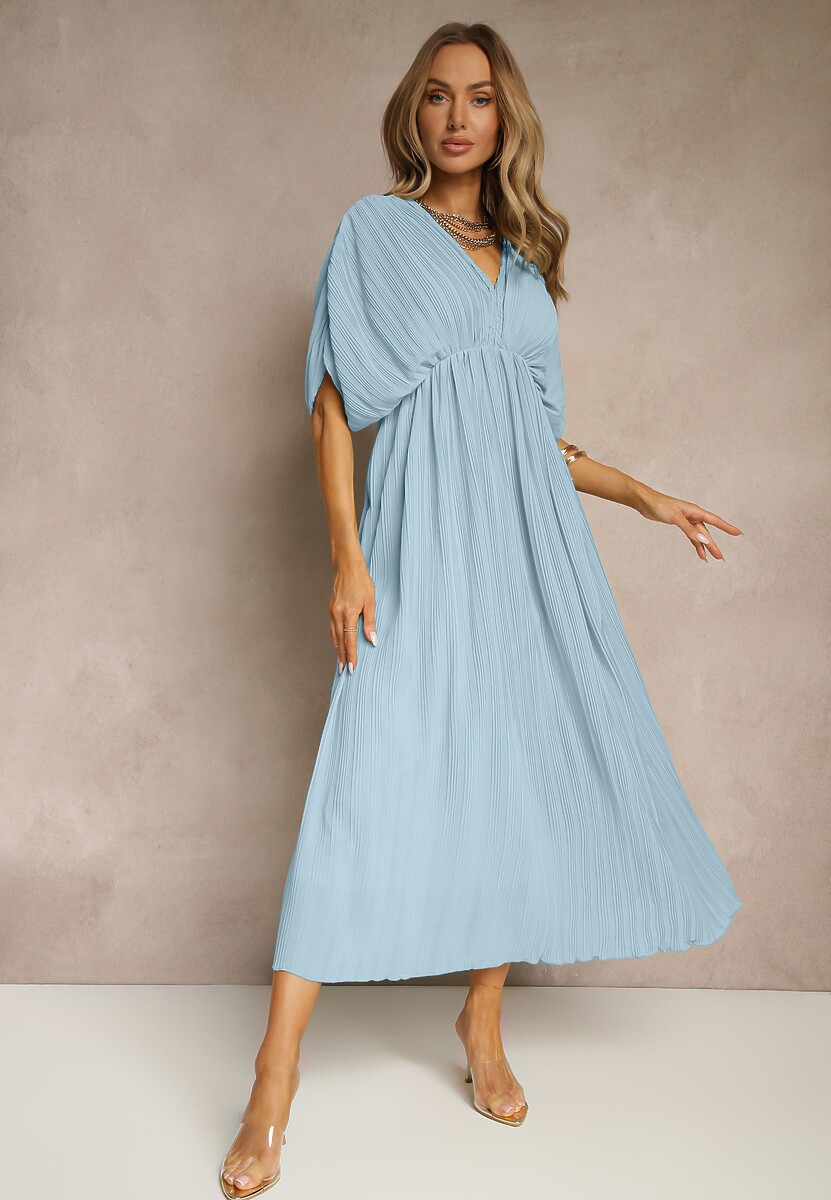 Niebieska Luźna Sukienka Wiązana na Szyi Taliowana z Rozkloszowanym Dołem Napovira