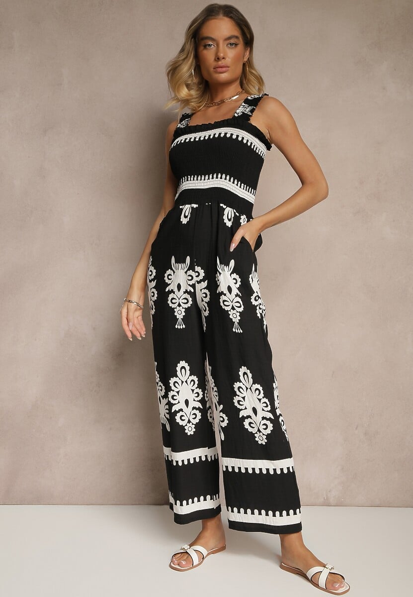 Biały Kombinezon Wide Leg z Wiskozy na Ramiączkach Zdobiony Etnicznym Wzorem Melriti