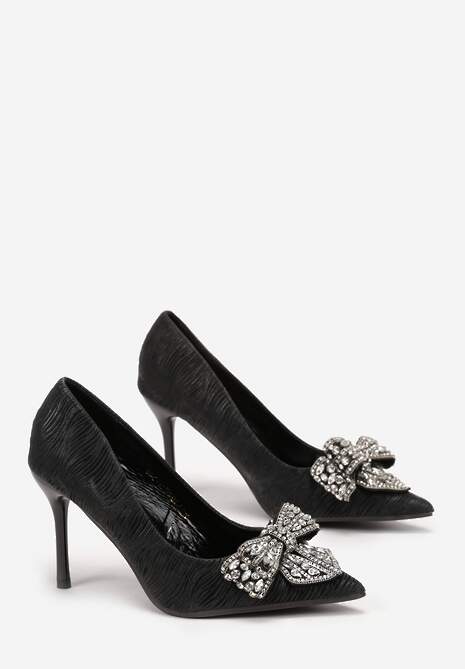 Czarne Szpilki z Noskiem w Szpic i Kokardą w Cyrkonie Fawnia