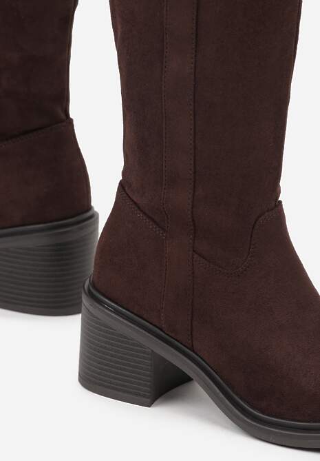 Brązowe Kozaki Oficerki Vices na Obcasie Zdobione Paskami przy Cholewce Giorela