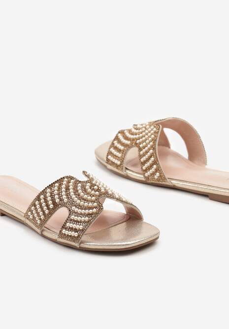 Złote Klapki na Płaskiej Podeszwie z Cyrkoniami i Koralikami Illiana