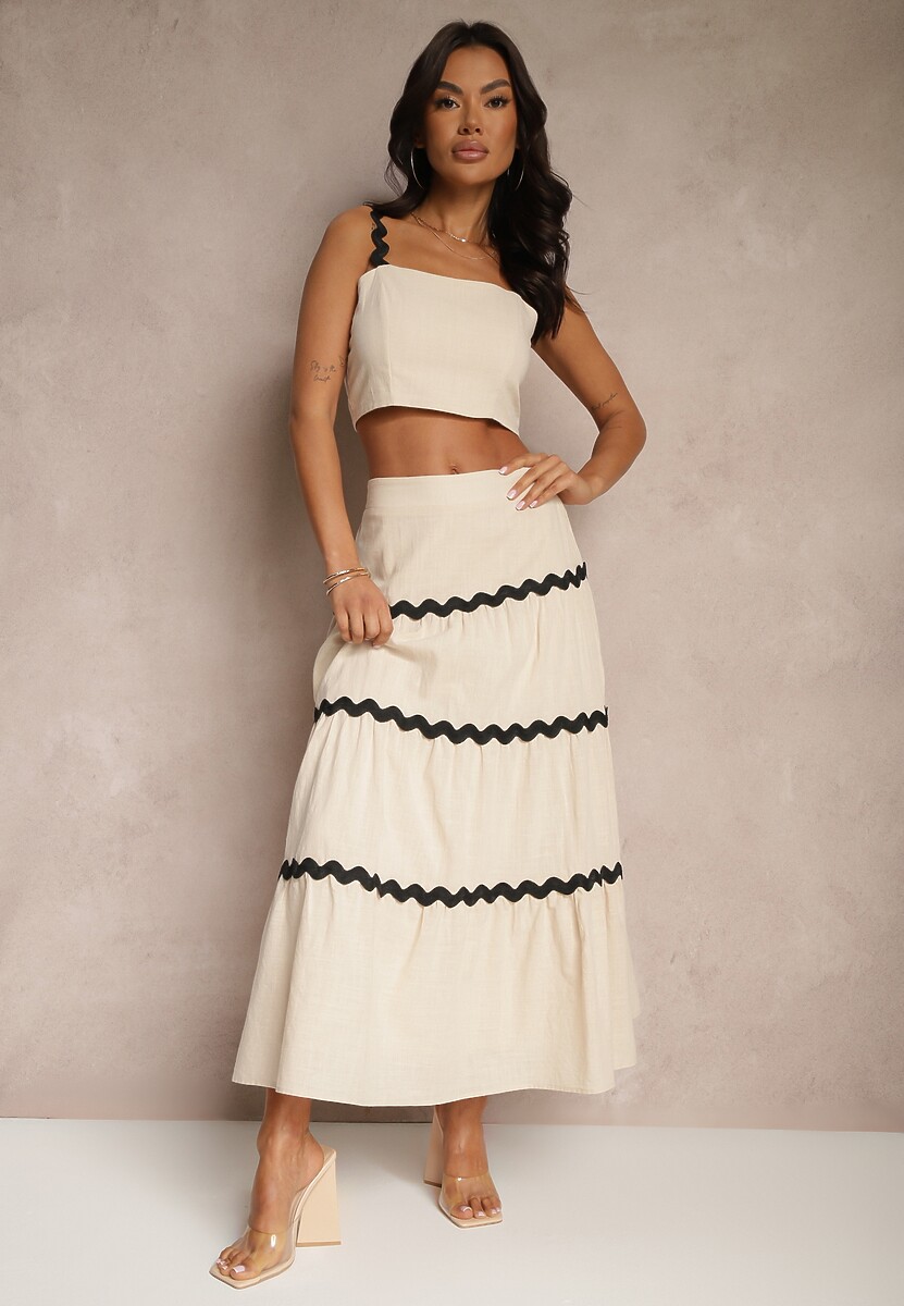 Beżowy Komplet z Bawełny Top na Ramiączkach i Spódnica Janoria