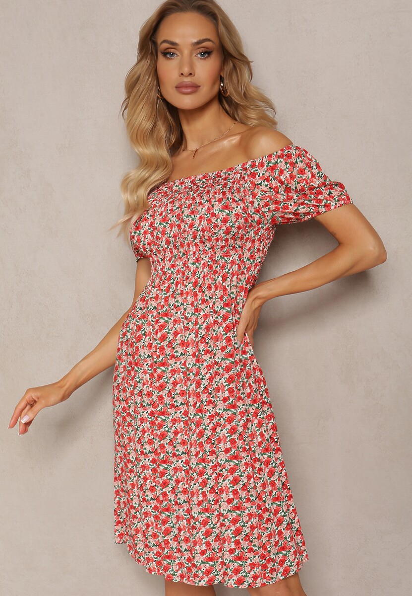 Granatowa Sukienka Typu Hiszpanka z Wiskozy z Gumkami w Talii Wiariana