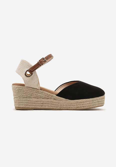 Czarne Sandały z Plecionką na Koturnie w Stylu Espadryli Effilania