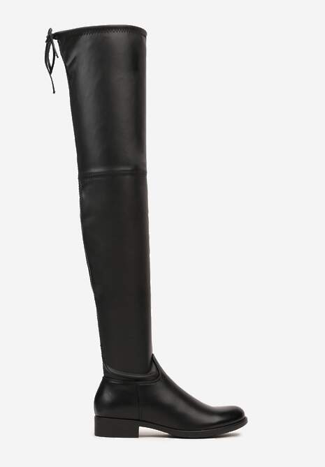 Czarne Kozaki na Płaskiej Podeszwie Oficerki za Kolano z Ociepleniem Ozdobione Wiązaniem Deoirae