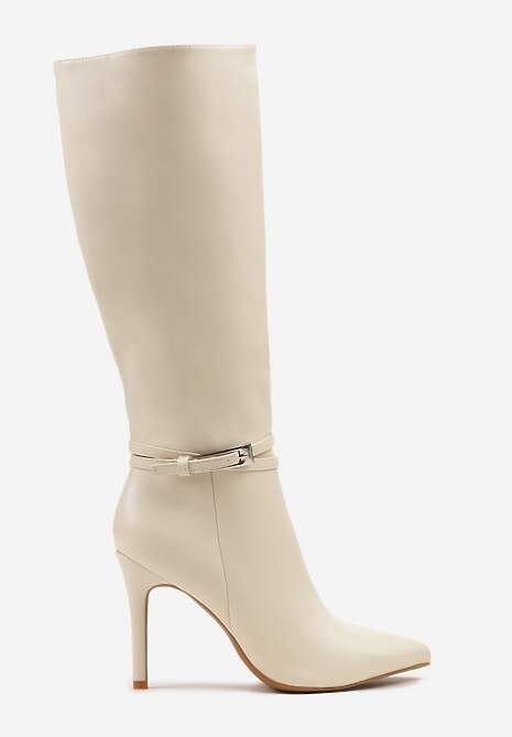 Beżowe Kozaki na Szpilce z Noskiem w Szpic i Eleganckim Zdobieniem Ozene