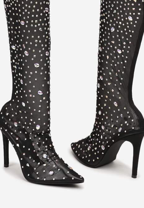 Czarne Kozaki na Szpilce za Kolano z Przezroczystą Cholewką Ozdobione Cyrkoniami Felilorn