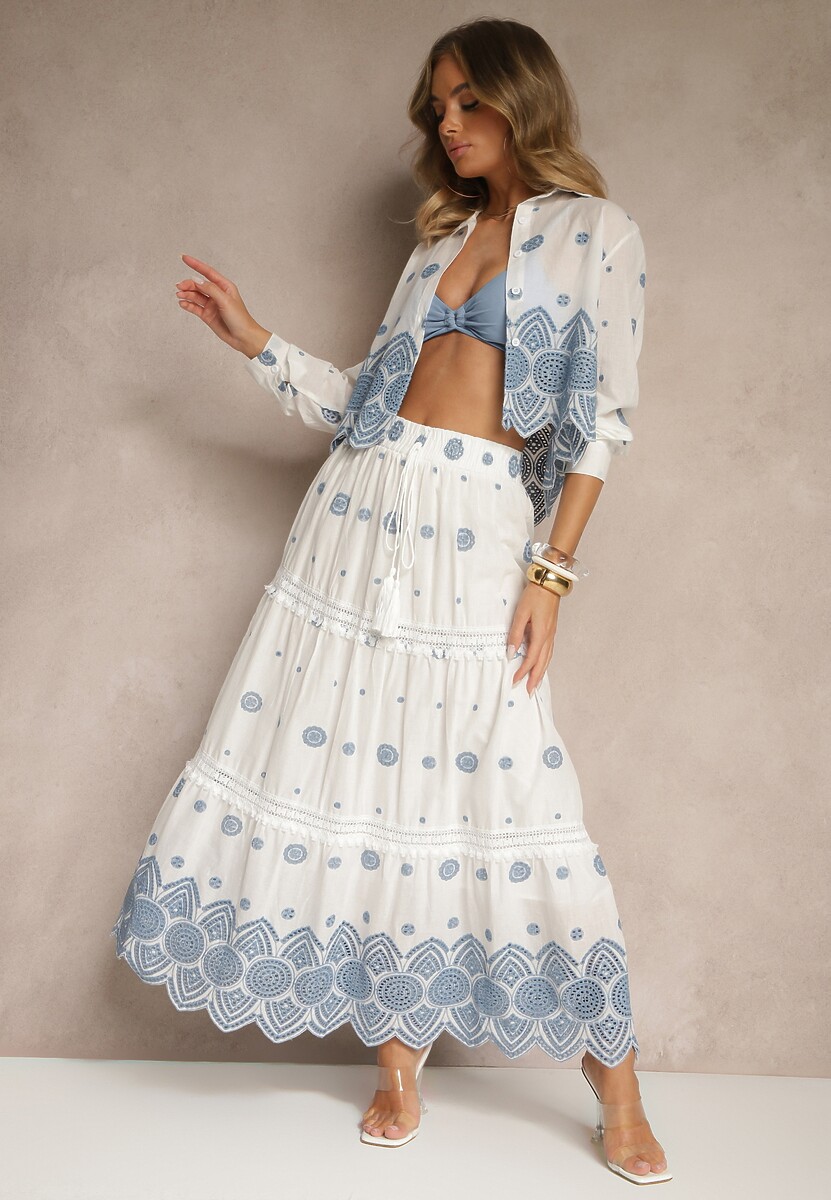 Biała Rozkloszowana Spódnica z Bawełny z Haftowanym Zdobieniem Silamea