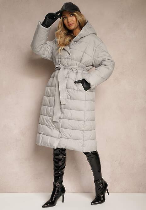 Szara Kurtka z Pikowanym Przeszyciem i Kapturem Zapinana na Napy i Wiązana w Talii Tiliola