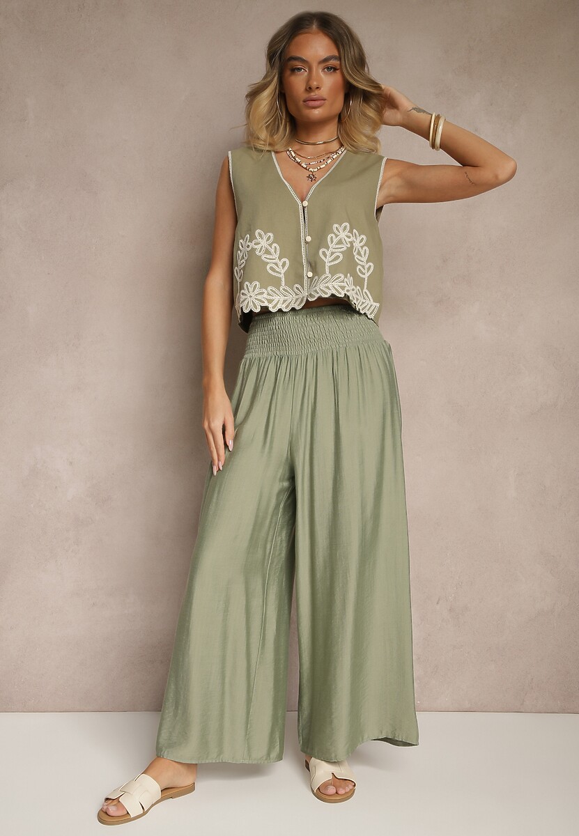 Jasnobeżowe Spodnie z Wiskozą o Szerokim Kroju High Waist Orrana